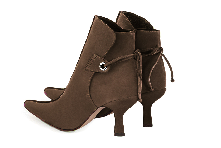 Chocolate brown women's ankle boots with laces at the back. Pointed toe. High slim heel. Rear view - Florence KOOIJMAN